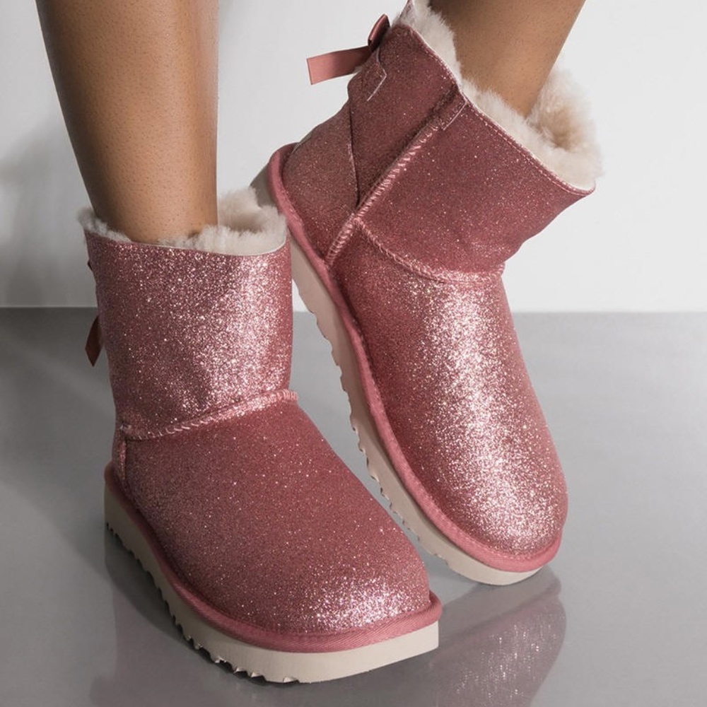 UGG PINK Mini Bailey BOW SPARKLE Boots Glitter 7 NEW NIB - Picture 3 of 8